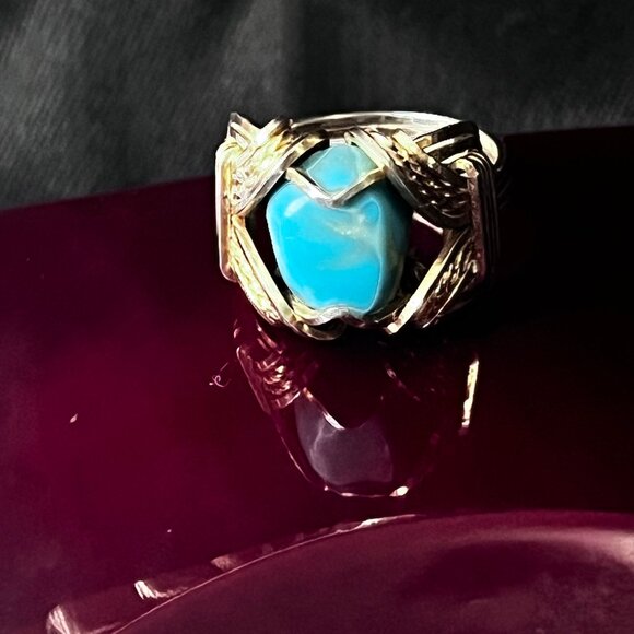 Sterling Silver Turquoise Wire Wrapped Ring Supreme Eleganzia Size 5 - Picture 1 of 7